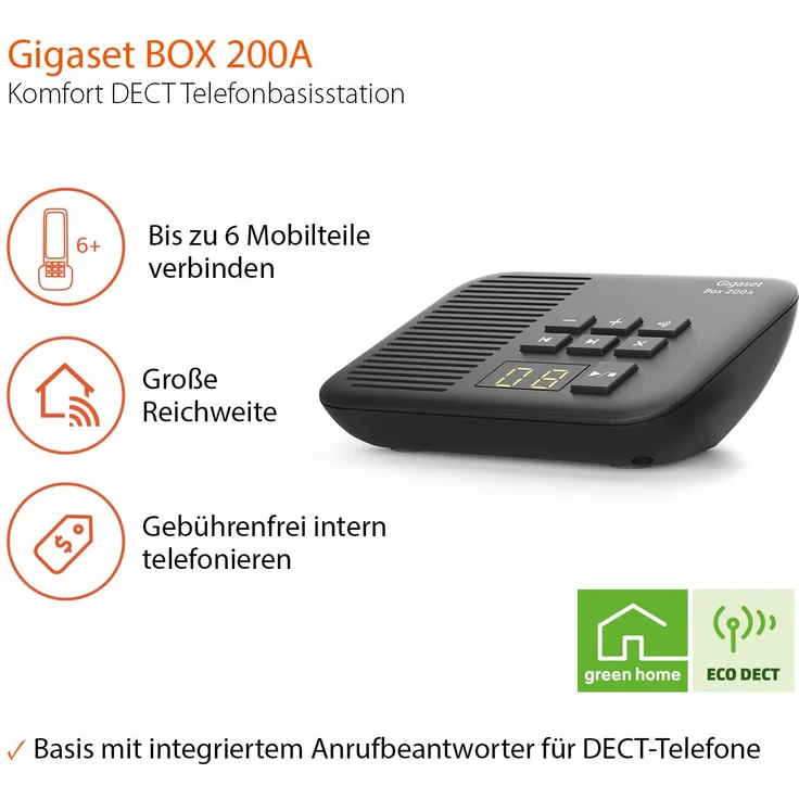 Gigaset Box 200A DECT Basisstation mit Anrufbeantworter für Ihr eigenes Kommunikationssystem mit Gigaset Mobilteilen, Basis unterstützt 6 Mobilteile für den analogen Telefonanschluss, schwarz – Bild 2