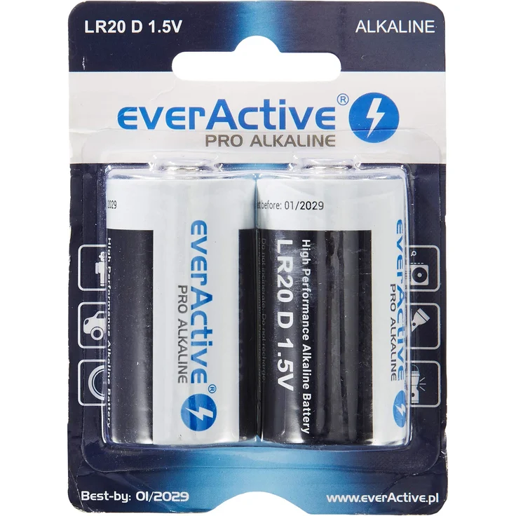 everActive D Batterien 2er Pack, Pro Alkaline, Mono LR20 R20 1.5V, höchster Leistung, 10 Jahre Haltbarkeit, 2 Stück – 1 Blisterkarte – Bild 1