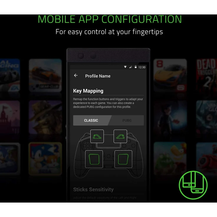 Razer Raiju - Mobile Mobiler Gaming-Controller für Android, ergonomisches Layout mit Multifunktionstasten, Hair-Trigger-Modus, verstellbare Smartphone-Halterung, Konfiguration über mobile App, schwarz (RZ06-02800100-R3M1) – Bild 5
