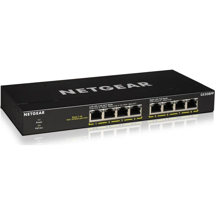 Netgear GS308PP 8 Port Gigabit Ethernet LAN PoE Switch (mit 8x PoE+ 83W erweiterbar, Plug-and-Play, Desktop- oder Rack-Montage, robustes und lüfterloses Metallgehäuse) – Bild 1