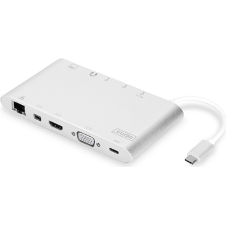 DIGITUS Multiport Docking-Station - USB-C Dock 11 Ports - Audio - Video, RJ45, 3x USB 3.0, Ladeport, Cardreader - Silber