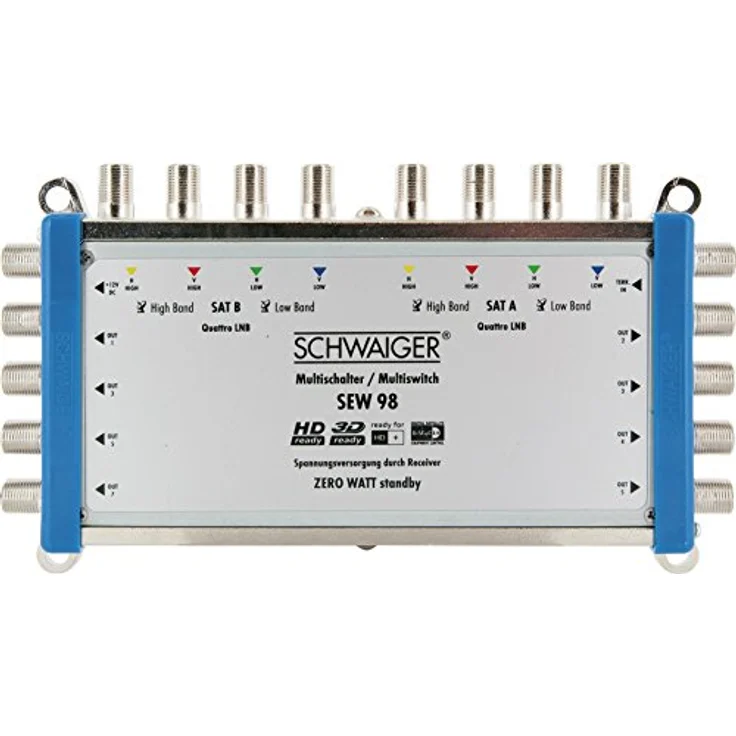 Schwaiger SEW98 531 Multischalter (2 Satellitenpositionen, bis zu 8 Teilnehmer, kein Netzanschluss nötig, DVB-T2 geeignet) Silber – Bild 1