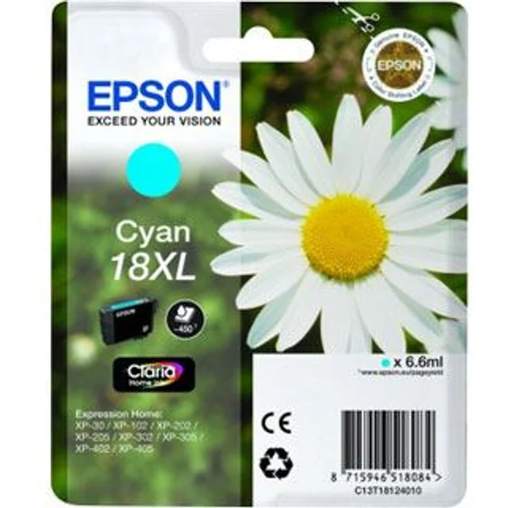 Epson Orginal 18XL Tinte Gänseblümchen, XP-305 XP-402 XP-215 XP-312 XP-315 XP-412 XP-415 XP-225 XP-322 XP-325 XP-422 XP-425, Normalverpackung, XL, (cyan) – Bild 1