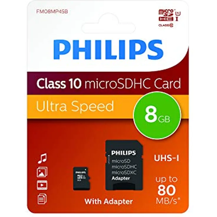 Philips FM08MP45B-10 Klasse 10 Micro SD 8GB Speicherkarte mit Adapter