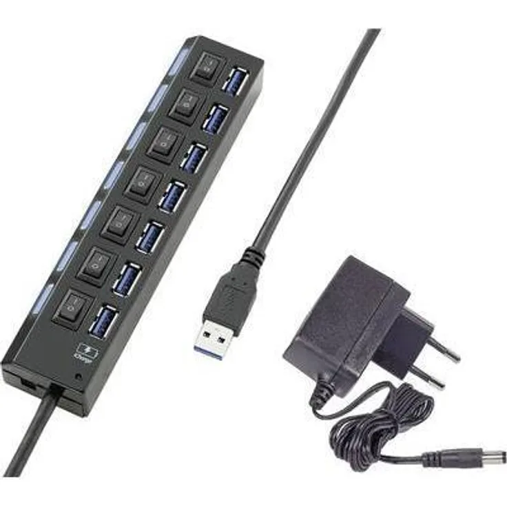 Renkforce 7 Port USB 3.0-Hub einzeln schaltbar, mit Status-LEDs, mit iPad-Ladeport Schwarz (RF-4821051)