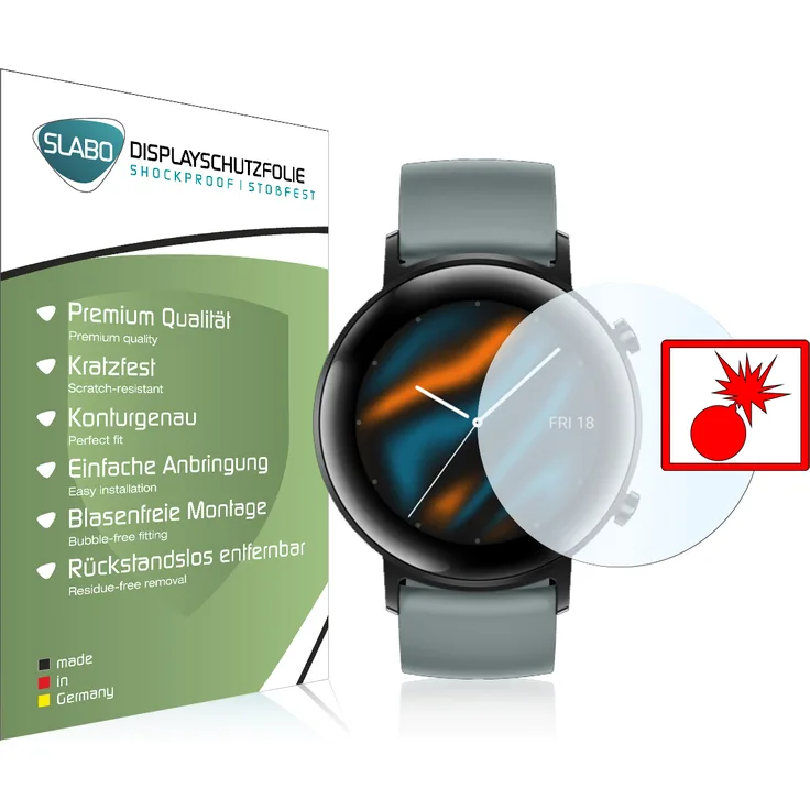2x Slabo Panzerschutzfolie für Huawei Watch GT 2 (42mm) KLAR "Shockproof" (verkleinerte Folien) Displayfolie Schutzfolie Folie