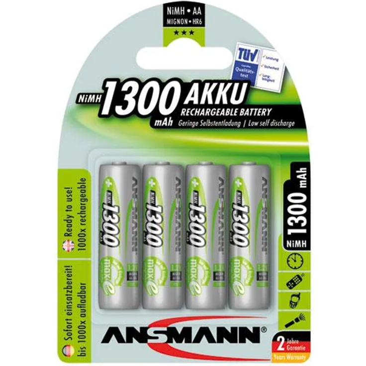 ANSMANN Akku AA Mignon 1300mAh 1,2V NiMH - wiederaufladbare Batterien AA Akkus maxE (geringe Selbstentladung & vorgeladen) ideal für Solarlampe (4 Stück) – Bild 1