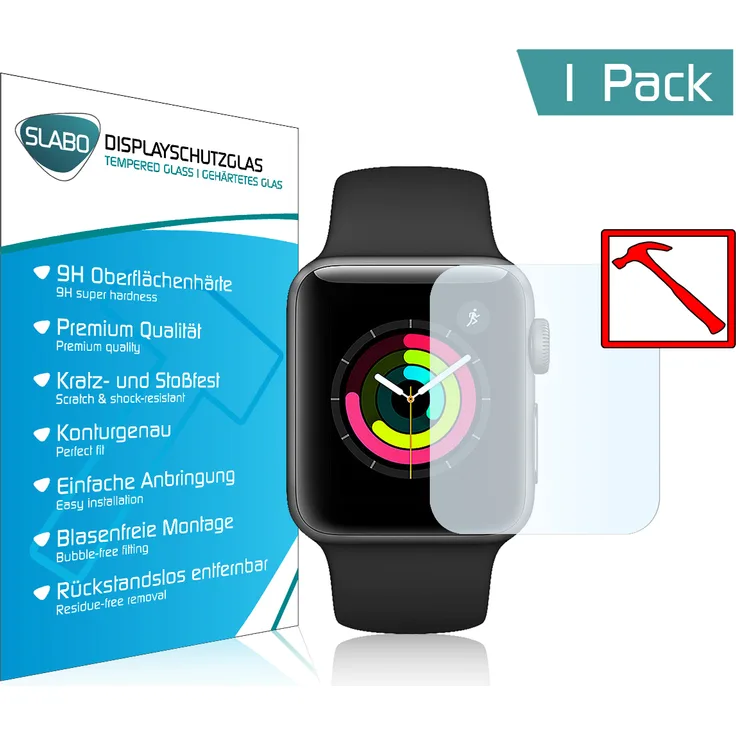 Slabo PREMIUM Panzerglasfolie für Apple Watch Series 2 (38mm) KLAR "Tempered Glass" 9H (verkleinerte Folien) Schutzglas Schutzfolie Displayglas