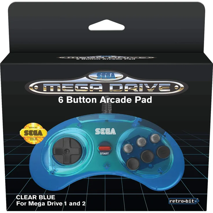 Retro-Bit Official SEGA Mega Drive Controller 6-Button Arcade Pad for Sega Mega Drive-Genesis - Original Port - Clear Blue