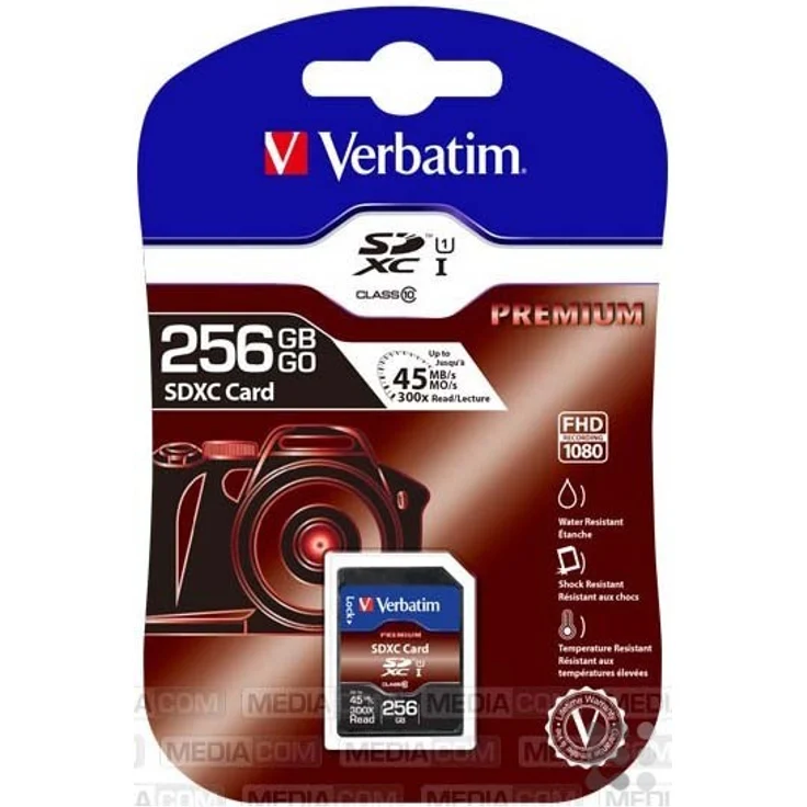 Verbatim Premium U1 SDXC-Speicherkarte Class 10 Karte - 256 GB - bis zu 90 MB-s Lesegeschwindigkeit, hohe Datenübertragungsgeschwindigkeit - schwarz – Bild 1