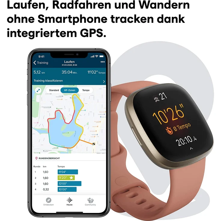 Fitbit Versa 3 Smartwatch GPS, Damen, S/L, Aluminiumgehäuse, Softgold/Altrosa – Bild 9