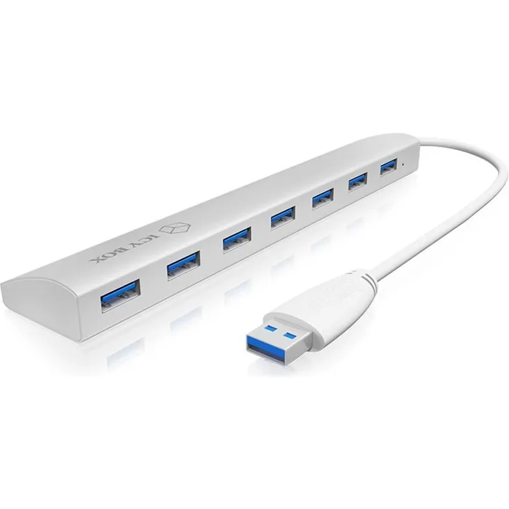 Icy Box IB-AC6701 7-fach USB 3.0 Hub mit integriertem USB-Kabel und Aluminium Gehäuse (inkl. 5 V - 4 A Stromadapter) silber