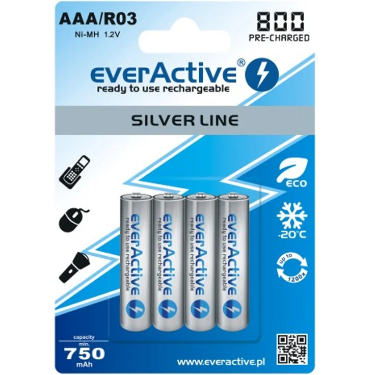 everActive Akku AAA 800 mAh 4 Stück, NI-MH, Micro R03, wiederaufladbar, vorgeladen, Silver Line 1.2V, 1 Blisterkarte
