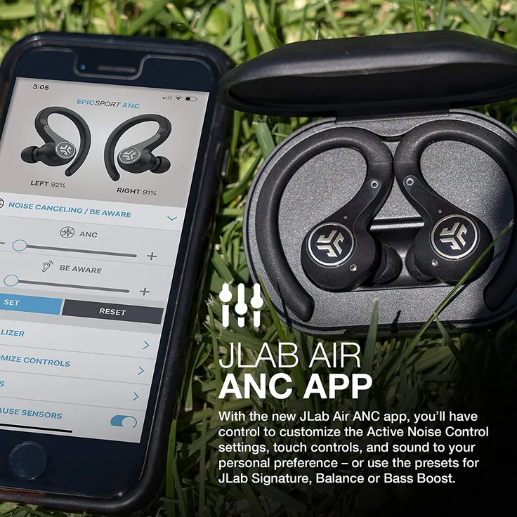 JLAB Epic Air Sport ANC True Wireless In-Ear Kopfhörer mit Bluetooth, Mikrofon, Noise Cancelling, geeignet für Sport, schwarz – Bild 7