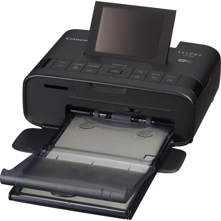 Canon Selphy CP1300 Fotodrucker 10x15cm (mobil Drucker, WLAN,USB,300x300dpi, Thermosublimation, optionaler Akku, Farbdisplay, Speicherkartenslot, Apple AirPrint, Passfoto- u. Postkartendruck) schwarz (2234C002) – Bild 2