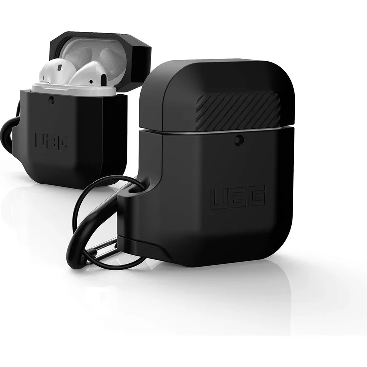 Urban Armor Gear Silikon Hülle Apple Airpods 2 (2019) - Apple Airpods 1 (2016) (Wireless Charging kompatibel 2. Generation, Sturzfest nach MIL STD 8105G, inklusive Karabinerhaken) - schwarz