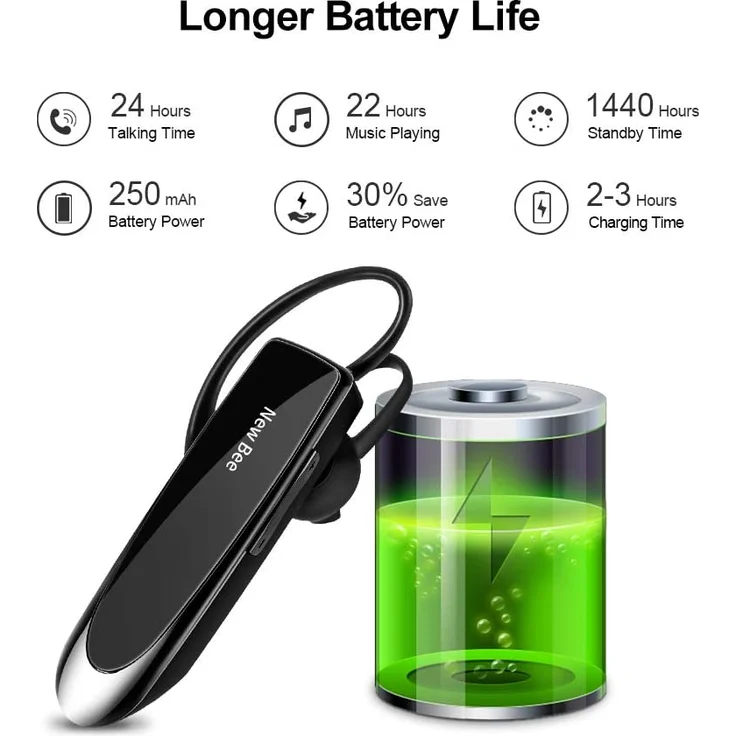 NEW BEE Wireless Freisprech Telefon, Bluetooth-Headset mit Mikrofon, geeignet für Apple iPhone/Samsung/Huawei, 60 Tage Standby, monoaural, schwarz – Bild 2