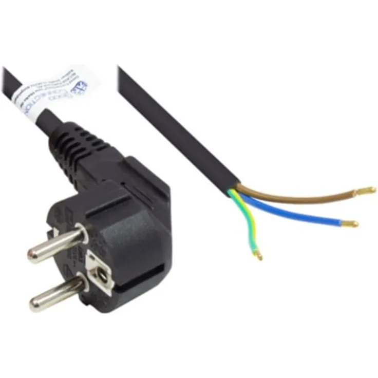 Good Connections P0185-S020 Netzkabel, 2 m, Schutzkontakt-Stecker Typ E+F (E 7-7, gewinkelt) an abisolierte Enden, Stromkabel zum Konfektionieren, 0,75 mm² Schwarz