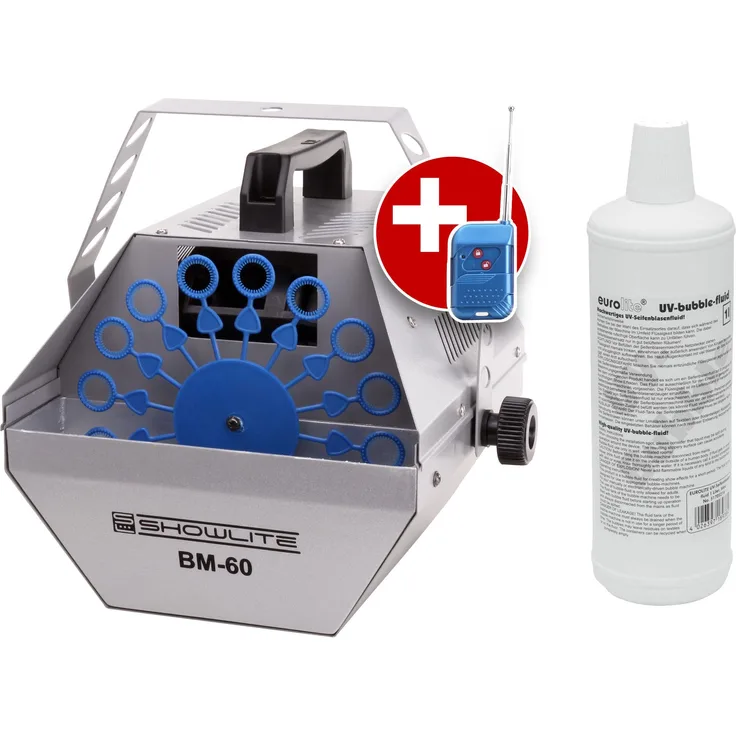 Showlite BM-60 Seifenblasenmaschine SET inkl. UV-Fluid blau