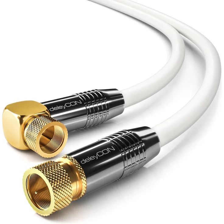 deleyCON 2m SAT Antennenkabel PREMIUM HDTV Satellitenkabel gewinkelt Koaxialkabel - F-Stecker (90° Grad) zu F-Stecker - Weiß - METALL vergoldet – Bild 1