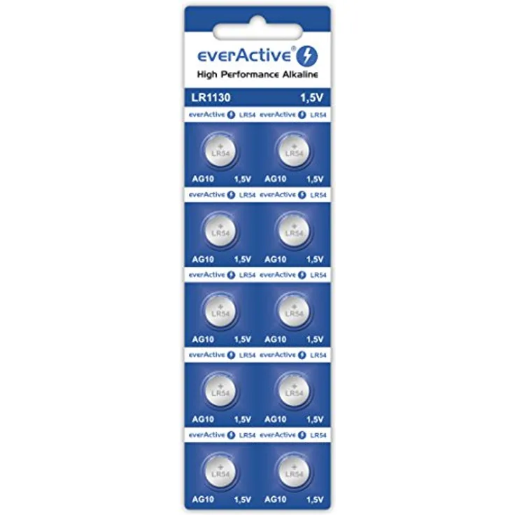 everActive AG10 1.5V, 10x Batterien, Alkaline, Mini, G10 LR1130 LR54, 5 Jahre Haltbarkeit, 10 Stück – 1 Blisterkarte