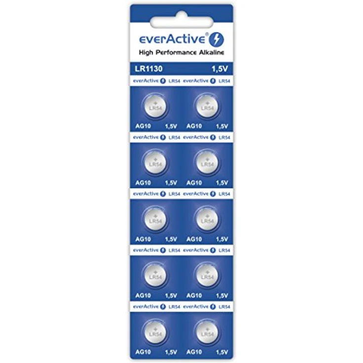 everActive AG10 1.5V, 10x Batterien, Alkaline, Mini, G10 LR1130 LR54, 5 Jahre Haltbarkeit, 10 Stück – 1 Blisterkarte