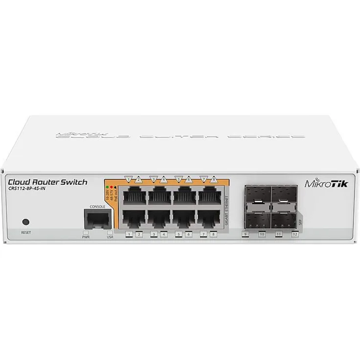 MikroTik Cloud Router Switch CRS112-8P-4S-IN - Switch - L3 - verwaltet - 18 x 10-100-1000 (PoE) + 4 x SFP - Desktop, an Rack montierbar - PoE+ - DC-Stomversorgung