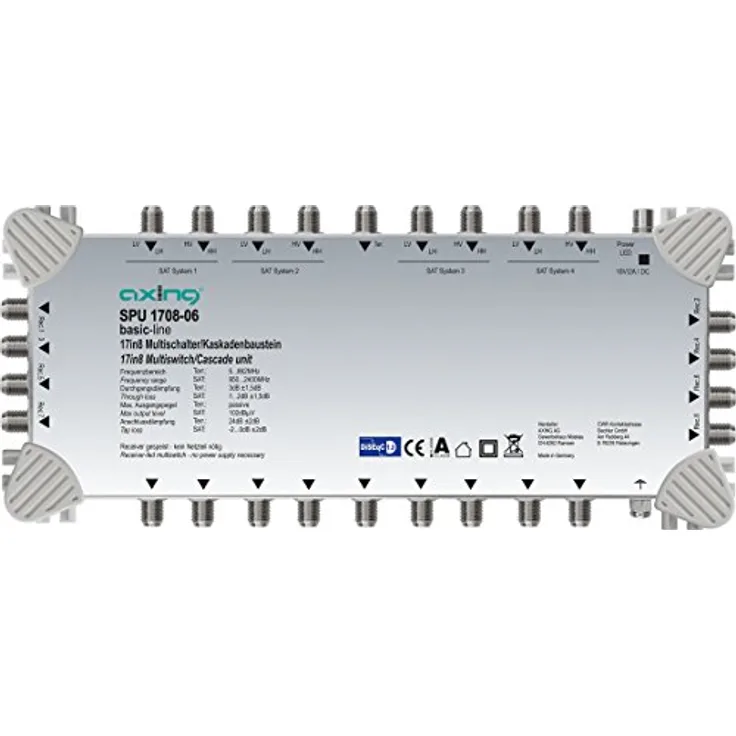 Axing SPU 1708-06 Multischalter 17 in 8 ''DiSEqC'' Multiswitch-Kaskade erweiterbar SAT aktiv hellgrau
