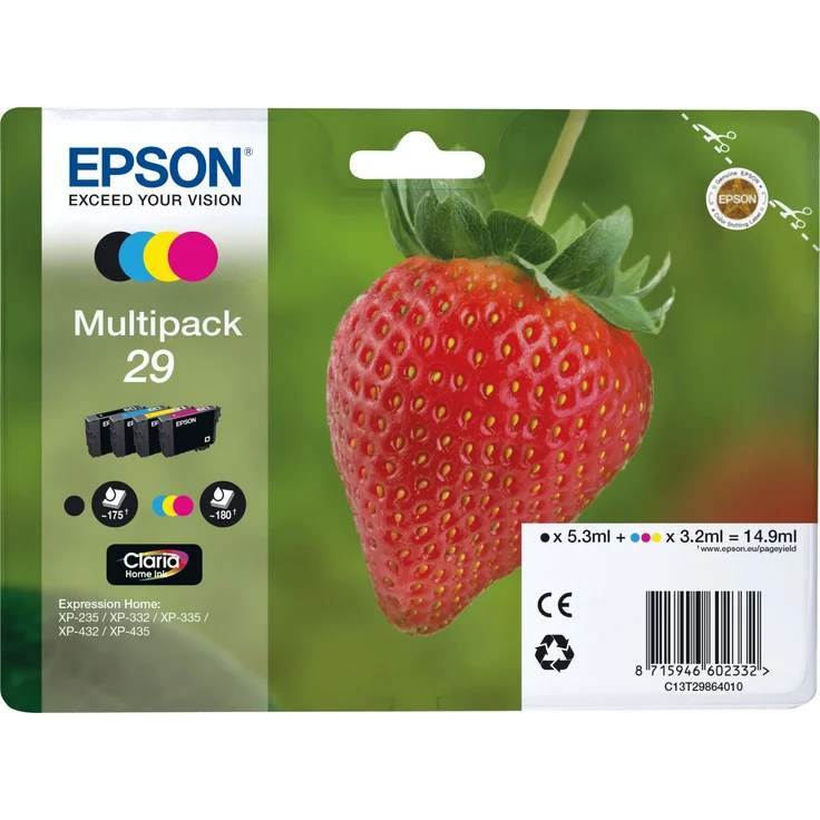 Epson Original 29 Tinte Erdbeere, XP-235 XP-332 XP-335 XP-432 XP-435 XP-245 XP-342 XP-345 XP-442 XP-445 XP-247 XP-257 XP-255 XP-352 XP-355 XP-452 XP-455, (Multipack 4-farbig) – Bild 1