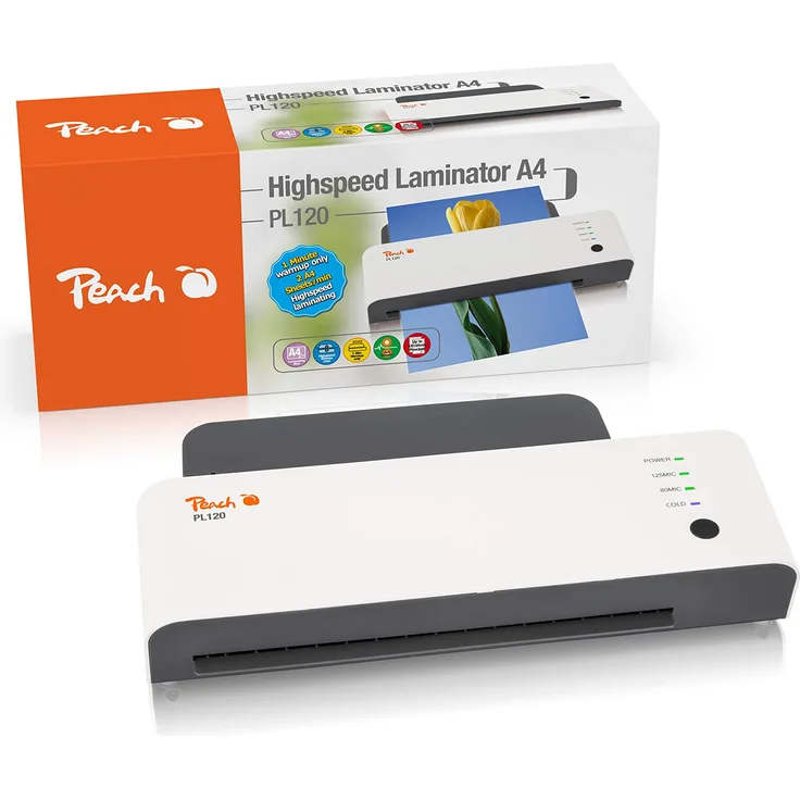 PEACH PL120 Laminiergerät DIN-A4, startklar in 1 Minute, 2x125 mic., 600 mm pro min, inkl. 10 Laminierfolien, spart bis zu 60% Energie, Heißlaminiergerät
