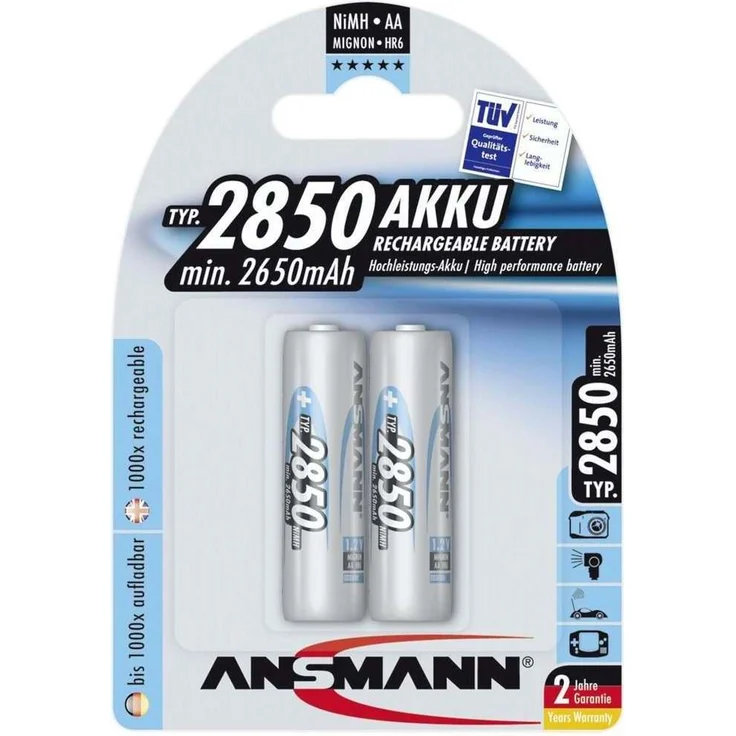 ANSMANN Akku AA Typ 2850mAh NiMH 1,2V - Mignon AA Batterien wiederaufladbar, mit hoher Kapazität ideal für hohen Strombedarf wie Kamera, Foto-Blitz, Taschenlampe, Controller (2 Stück) – Bild 1