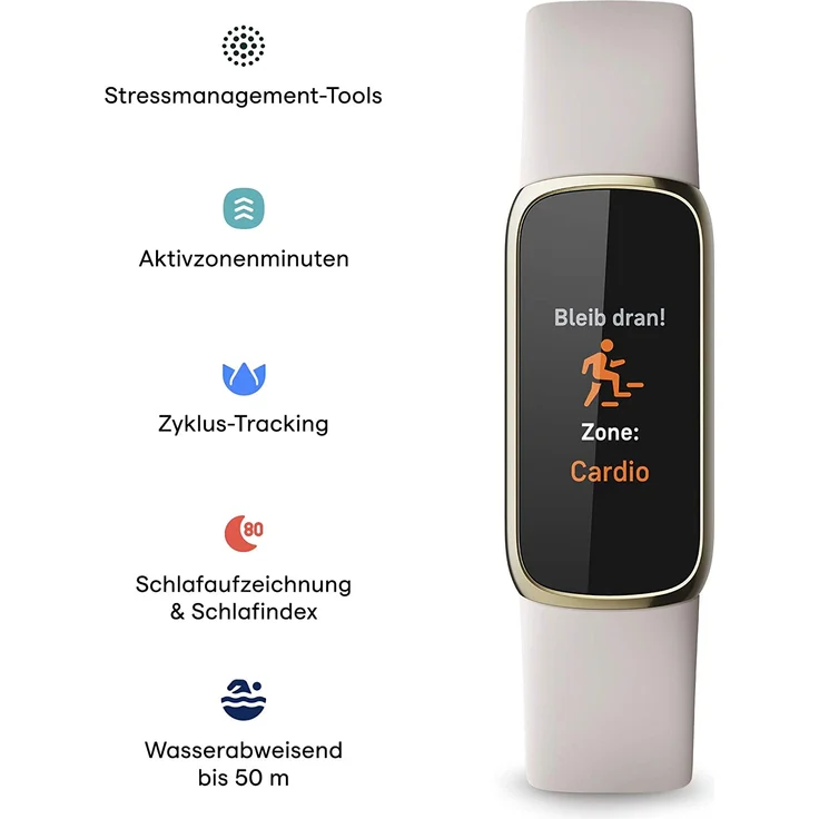 Fitbit Luxe Fitness-Tracker GPS, Damen, Einheitsgröße, Edelstahlgehäuse, Silikonarmband, Mondweiß/Softgold – Bild 3