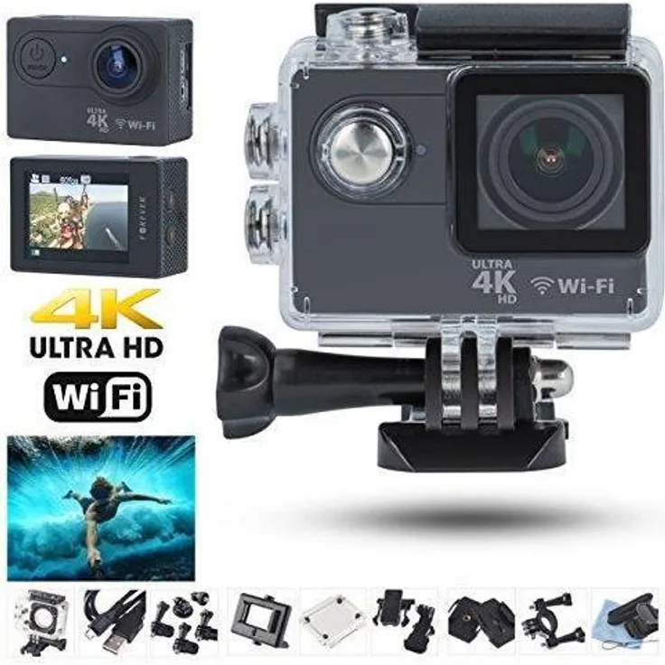 Forever SC-410 4K (25 FPS) Ultra HD Wasserdichte Sportkamera 12px + Halter KFZ-Ladegerät Montage Wi-Fi Schwarz