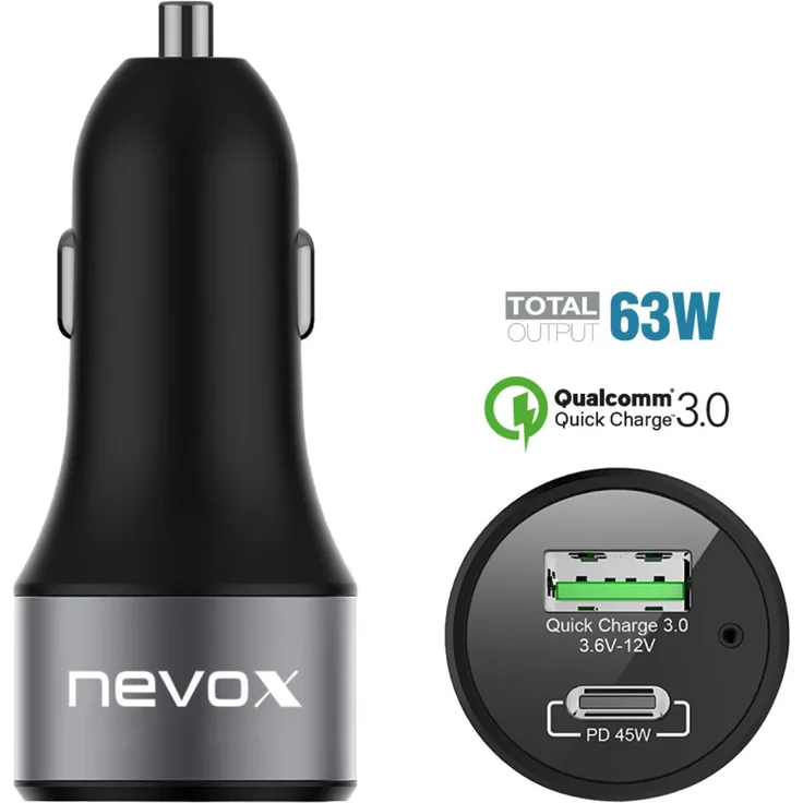 Nevox USB PD Type C + QC 3.0 Kfz Ladeadapter Ladegerät, schwarz