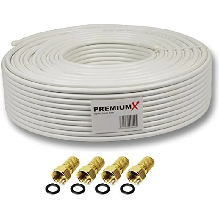 10m PremiumX BASIC Koaxial Kabel 130 dB 4-Fach geschirmt, Kupfer-Stahl SAT Antennenkabel 10 m 130dB Neu+ 4 x F-Stecker 7,5mm in Farbe 'Gold' Gratis – Bild 1