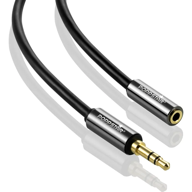 Poppstar 2m Audio Kabel Klinke (Klinkenkabel, 3,5mm Stecker auf Buchse, vergoldet), Verländerungskabel für Kopfhörer, Smartphone, MP3 player, Auto Kfz Autoradio, schwarz