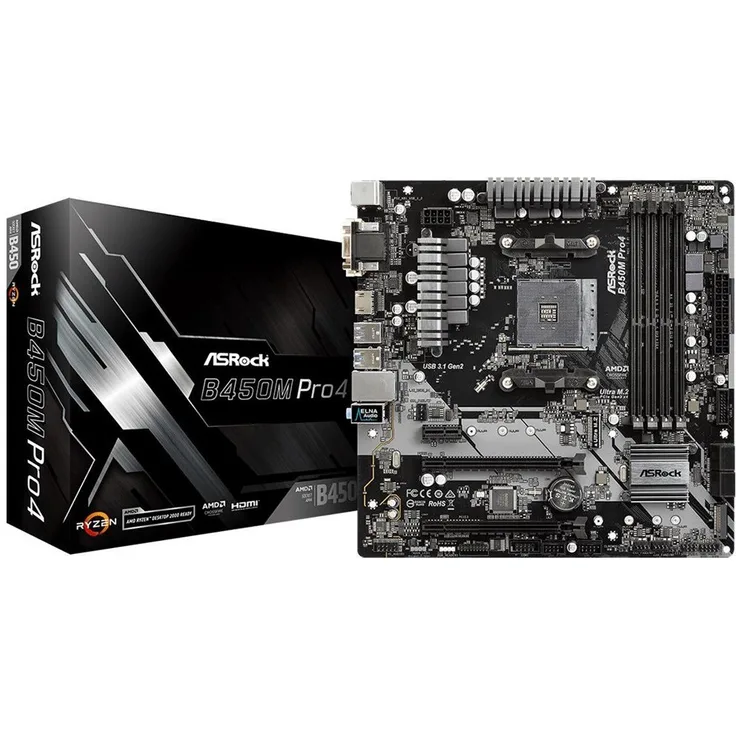 Asrock B450M Pro4 - micro ATX, AMD B450, Sockel AM4, Dual-channel DDR4 (90-MXB8F0-A0UAYZ)