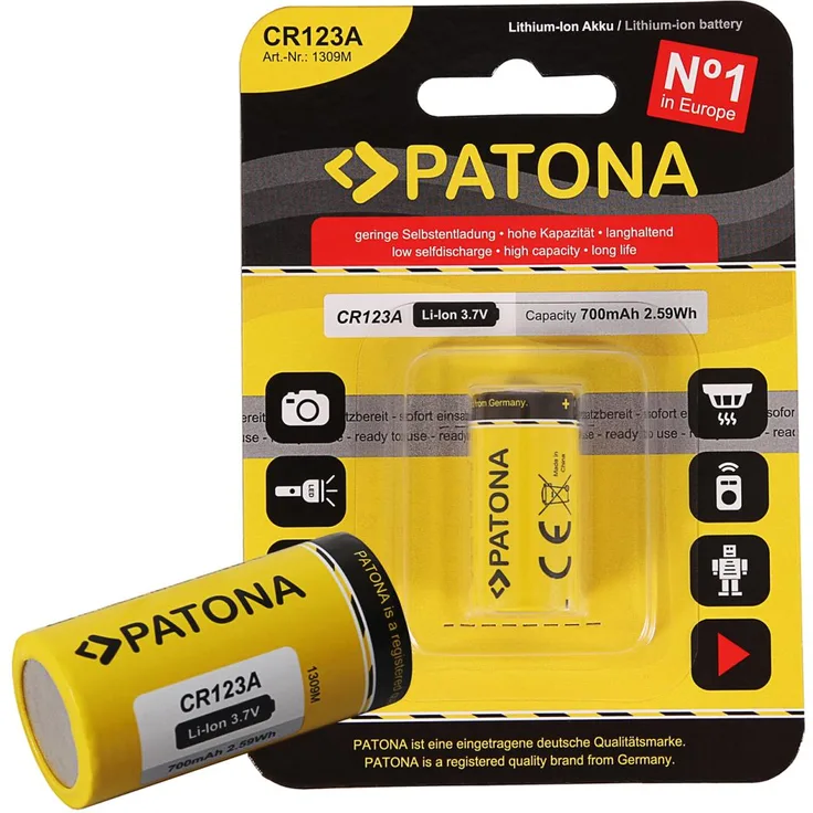 10x PATONA Li-Ion 3,7V Akku CR123A 16340 Zelle 700mAh 2,59Wh