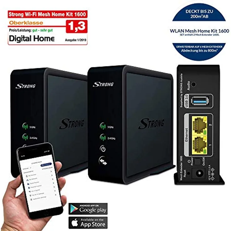 Strong Wi-Fi Mesh Home Kit 1600, WLAN Verstärker, Heimnetzwerk Repeater bis 200 m² Abdeckung, bis 1600 Mbit-s, 2.4+5 GHz, 2X Gigabit LAN, USB 3.0 schwarz