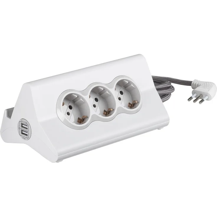 BTicino Stardesk Mehrfachsteckdose für den Schreibtisch mit 10 A Stecker, 3 Steckdosen P30, 2 USB-Stecker, mit Schalter, Kabellänge: 2 Meter, Farbe: Weiß, S3713DBU, weiß, S3713DBU
