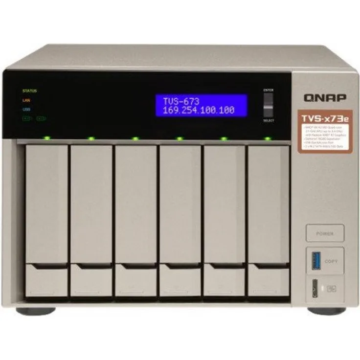 QNAP TVS-673e-4G, AMD RX-421 BD Quad-Core APU NAS-System, PCIe, HDMI 4K 30Hz-Ausgang, 4K H.264-Videodekodierung, grau