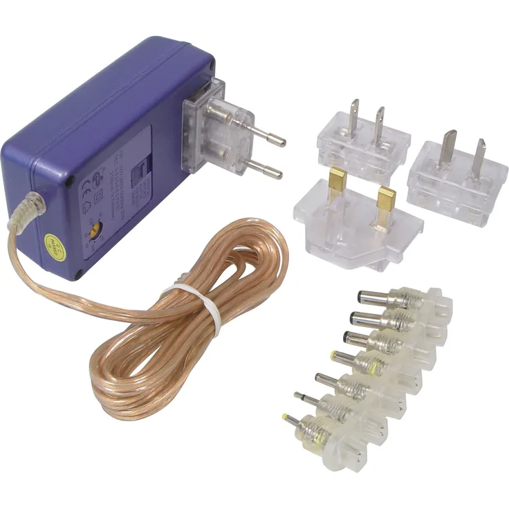 Transmedia Reisenetzteil 2100 mA getaktet mit GB-US-AU-EU-Stecker und 7 Konnektoren 100-240V - 3-3.3-5 - 6-6.5 - 7V NTT10L