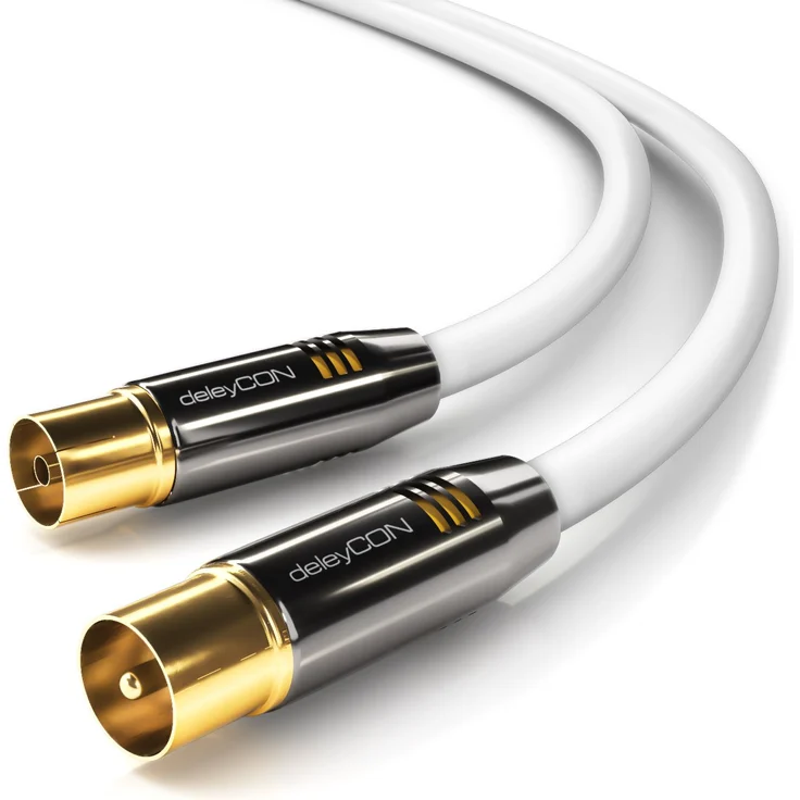 deleyCON 7,5m TV Antennenkabel PREMIUM HDTV Full HD - TV Kabel (Koaxialkabel) - TV-Stecker zu TV-Buchse - Weiß - METALL vergoldet - analog/digital – Bild 1
