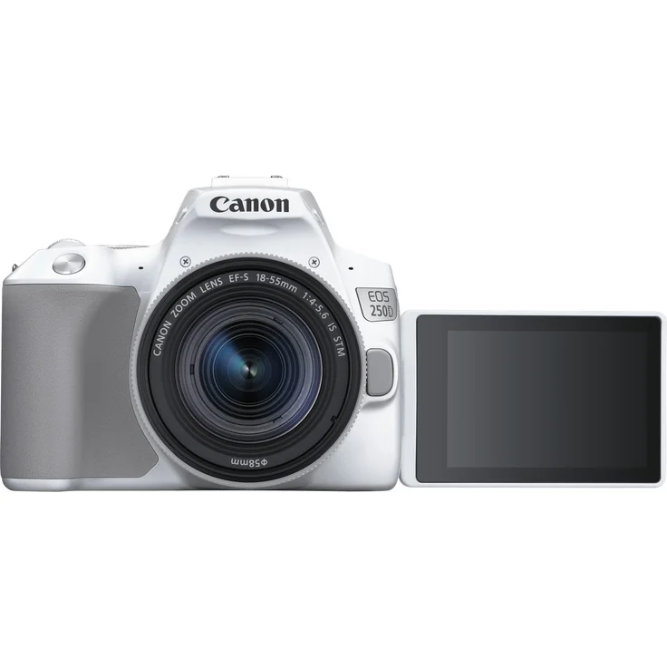 Canon EOS 250D Digitalkamera (24,1 Megapixel, 7,7 cm (3 Zoll) Vari-Angle Display, APS-C-Sensor, 4K, Full-HD, DIGIC 8, WLAN, Bluetooth) mit Objektiv EF-S 18-55mm F4-5.6 IS STM weiß-silber – Bild 2