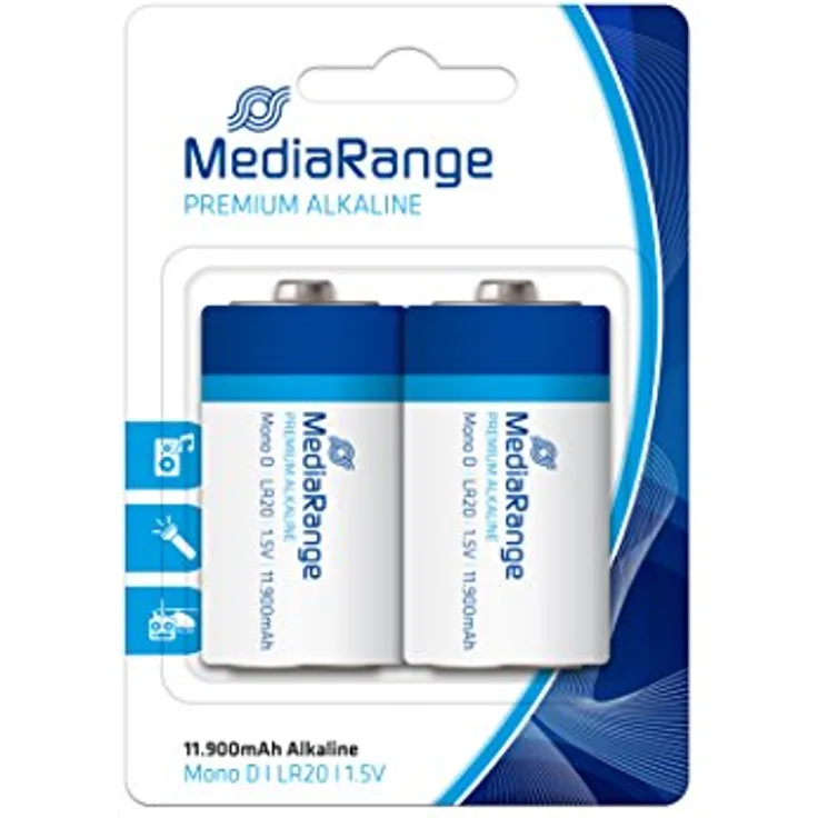 MediaRange Premium Alkaline Batterien, Mono D|LR20|1.5V, 2er Pack