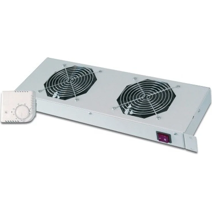 DIGITUS Lüftereinheit für 19'' Rack (1HE), oder Dachmontage in VarioFLEX Server- & Netzwerkschrank, 2x Lüfter, Thermostat, Grau (RAL 7035) – Bild 1