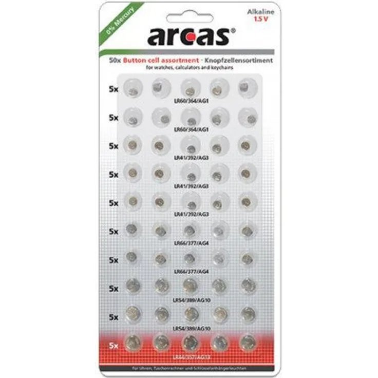 Arcas 12755000 Alkaline Knopfzellensortiment, 50 teilig chrom