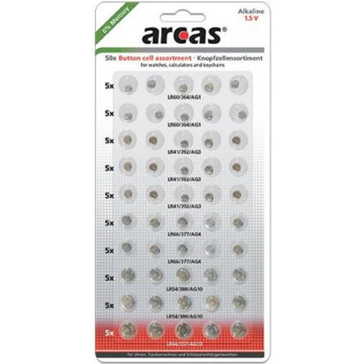 Arcas 12755000 Alkaline Knopfzellensortiment, 50 teilig chrom