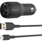 Belkin USB-Kfz-Ladegerät, 24 W, mit 2 Anschlüssen und Lightning-Kabel (Boost Charge Dual-Port Kfz-Ladegerät, 2-Port USB-Auto-Ladegerät) iPhone Kfz-Ladegerät, iPad Kfz-Ladegerät, AirPods Kfz-Ladegerät