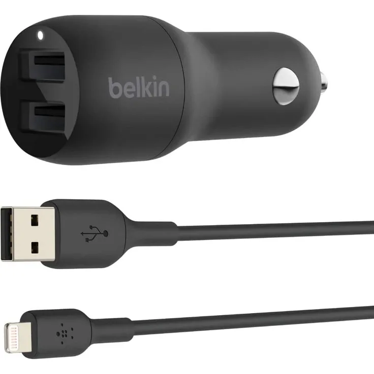 Belkin USB-Kfz-Ladegerät, 24 W, mit 2 Anschlüssen und Lightning-Kabel (Boost Charge Dual-Port Kfz-Ladegerät, 2-Port USB-Auto-Ladegerät) iPhone Kfz-Ladegerät, iPad Kfz-Ladegerät, AirPods Kfz-Ladegerät